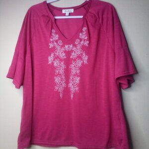 Anneliese Blouse Shirt Women 2XL Short Belle Sleeve V-Neck Embroidery Pink